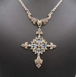 Sterling Silver Blue Topaz Marcasite Cross Necklace Art Deco Victorian Vintage