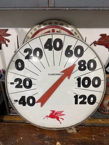 Vintage 18" OHIO thermometer sign w/ Mobil Oil Pegasus, glass face, works