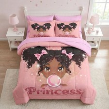 5 Pcs Comforter Set Twin Size, African American Princess Bubbles Bedding for ...
