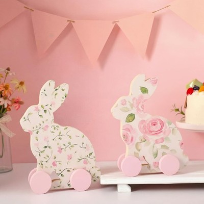 2 PCS Easter Wood Bunny Table Centerpiece Floral Print Pink Rose Desk Decor