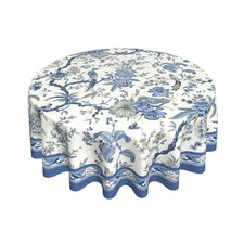 Chinoiserie Tablecloth Round 60Inch, Blue White Flowers Birds Table Cloth, Cl...
