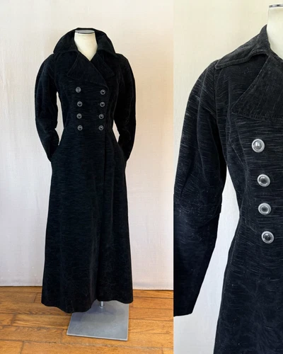 SAINT LAURENT (YSL) Maxi cappotto Yves Saint Laurent Rive Gauche anni 60 velluto nero velluto a coste S 34 busto