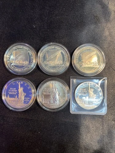 (6) 1986 Silver Dollars Ellis Island Statue Liberty 90% Proof Silver US Dollar