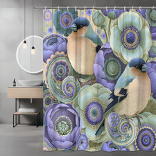 Bird and Floral Print Shower Curtain, Blue Purple Botanical Design