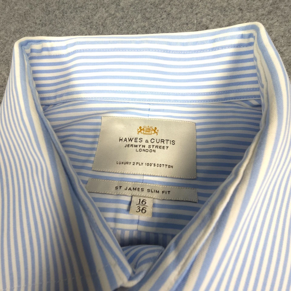 Hawes & Curtis Shirt Mens LARGE Blue striped Long Sleeve Button Up Slim Size L - Image 2 of 4
