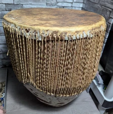 Vintage Large 19"x15"  African Animal Skin Hide Wood Drum Tribal Art Decor Table