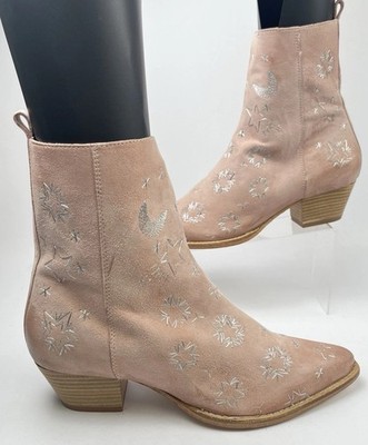 Free People Bowers bestickte Cowboy/Western Stiefel. Rosa/Silber. EU 40 UK 6,5/7