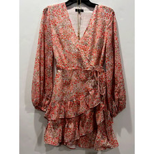 1. STATE Peach Floral Tiered Ruffle Mini Wrap Dress Size 6 NWT Spring Office
