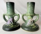 Vintage 1945 Pair Roseville Freesia Green Candlesticks Candle Holders  1161-4.5"