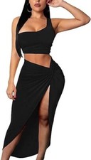BEAGIMEG Women's One Shoulder Long Bodycon Slit Skirt 2 Pieces Dress, Black, M