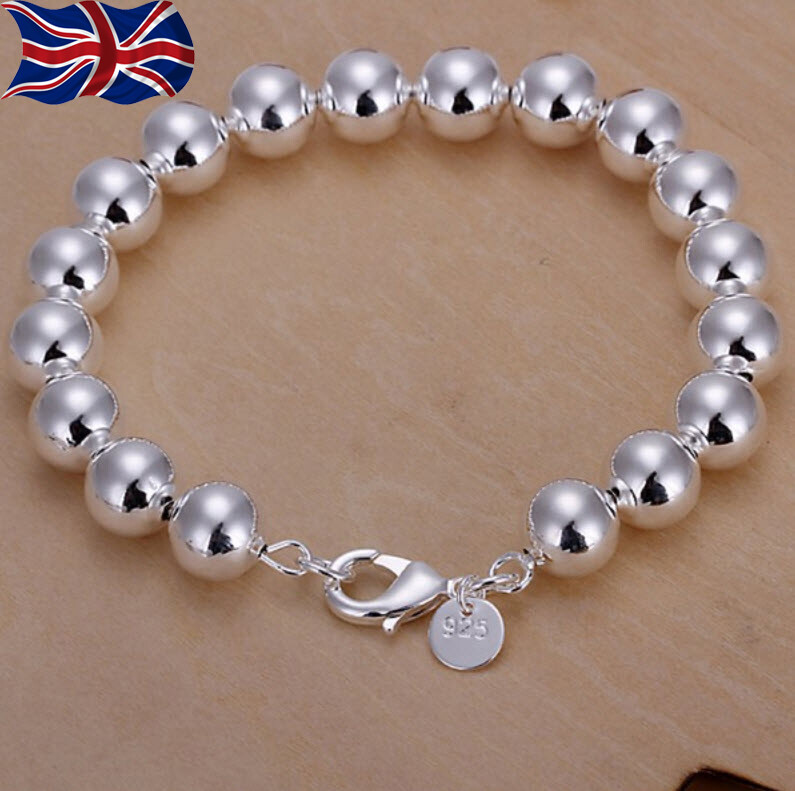 925 Sterling Silver Ball Bead Bracelet Hollow 10mm Bangle Uk