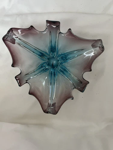 Vintage Murano Art Glass Bowl, Aqua Blue and Lavender  glass, Leaf Shape