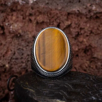 Natürlich Tiger Auge Ring 925 Sterlingsilber Herren Stein Geschenk für Ihn