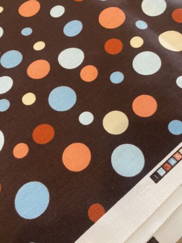 BIG Polka DOTS Canvas UPHOLSTERY FABRIC 56"W Blue Peach White on BROWN 3 YARDS - Picture 2 of 10