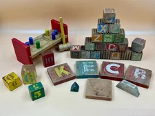 Vintage Wooden Letter Blocks & Tiles + Child Toy Cobblers Bench Hammer Peg Set