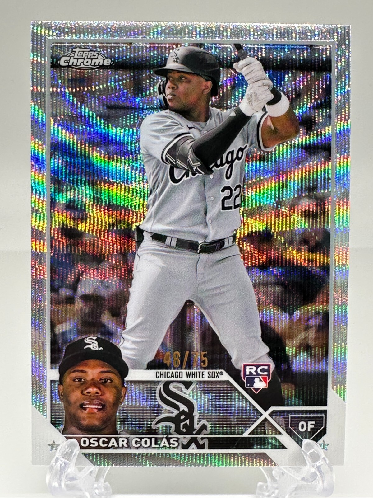 2023 Topps Chrome Oscar Colas Rookie Blue Wave Refractor /75 #145 White Sox