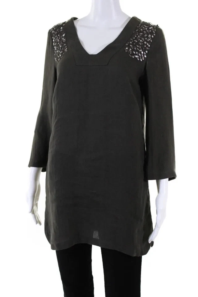 ⭐️ Domenico Vacca $954 NWT! Beaded V-Neck Long Sleeve Tunic Top Green Linen Sz 4 - Image 2 of 4
