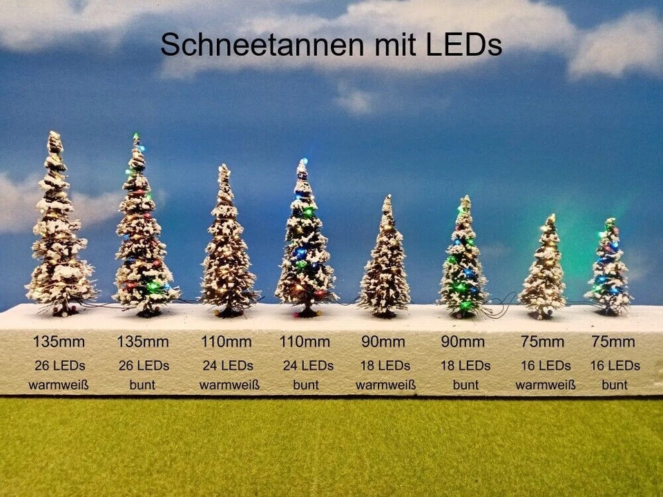 Weihnachtsbaum LED Lichterkette bunt beleuchtet Tanne Schnee 65 bis 135mm H0 TT - Bild 3 von 4