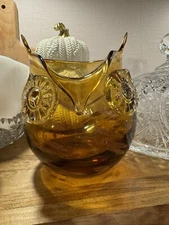 Handblown Art Glass Owl Vase~Amber w/ Gold Candle Holder Fall Autumn