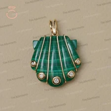 Natural Diamond & Malachite Gemstone Shell Pendant 14k Gold/925 Silver Jewelry