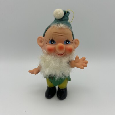 Vintage 6  Posable Elf Pixie Green Plastic Japan Rosy Cheeks Christmas Ornament