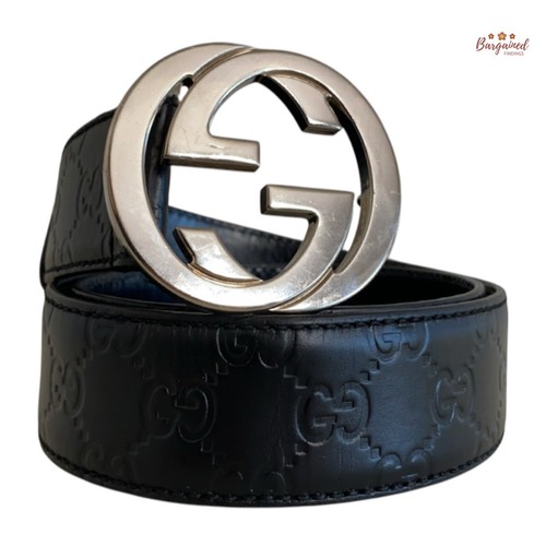 Authentic Gucci Black Monogram Guccissima Leather Silver Buckle Belt 85/34