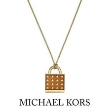 MICHAEL KORS GOLD+BROWN TONE LARGE STUD PADLOCK PENDANT NECKLACE,CHAIN MKJ4297 