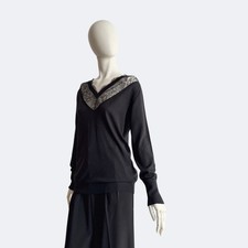 VALENTINO Lace Panel V Neck Knit Black Sweater Long Sleeve