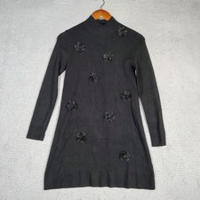 Zara Sweater Dress Women Small Black Corsage Flower Ribbed Knit Mock Neck Modest