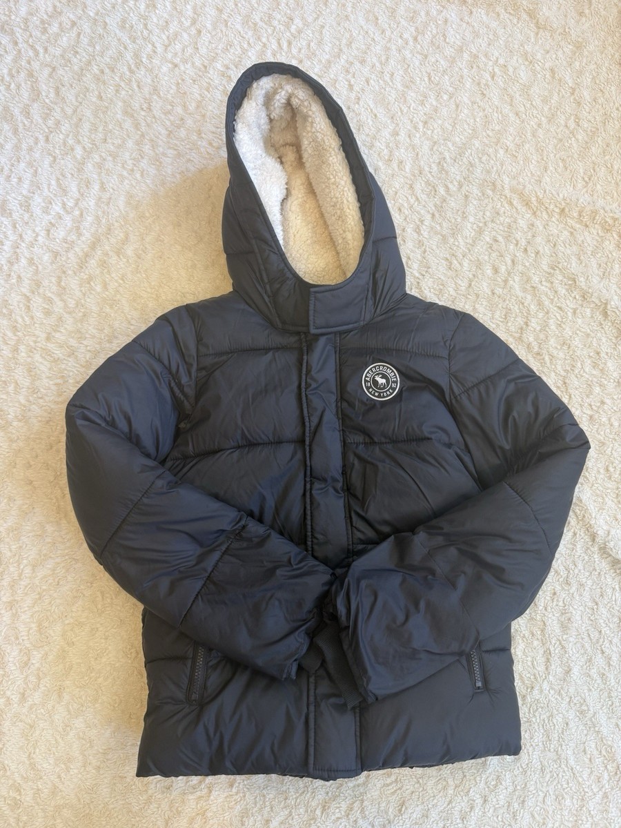 Abercrombie Kids Boys Black Puffer Jacket Hooded Faux Fur Lined