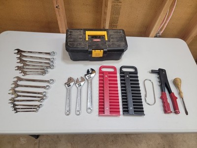 Misc lot of tools and tool box, wrenches, tibet tool, socket holders