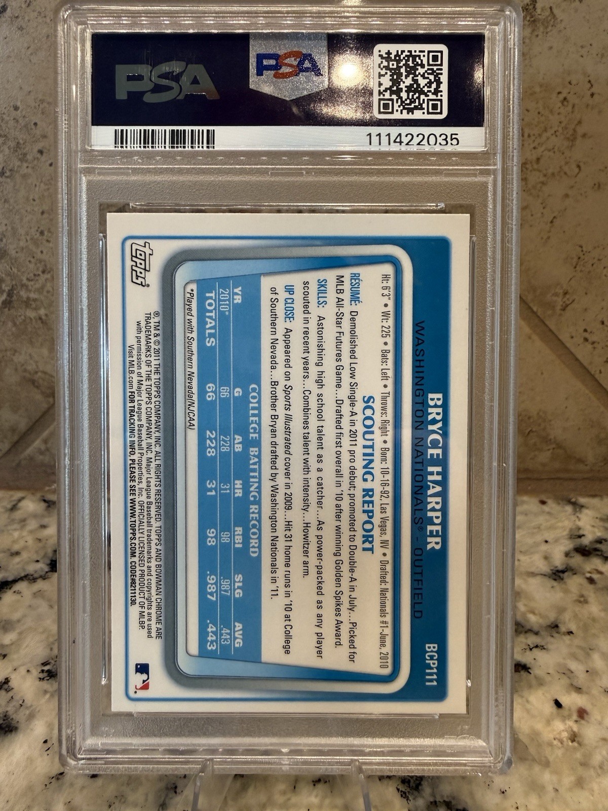 Topps 2011 Bowman Chrome Prospects Bryce Harper RC #BCP111 PSA 9 Auto PSA view 2