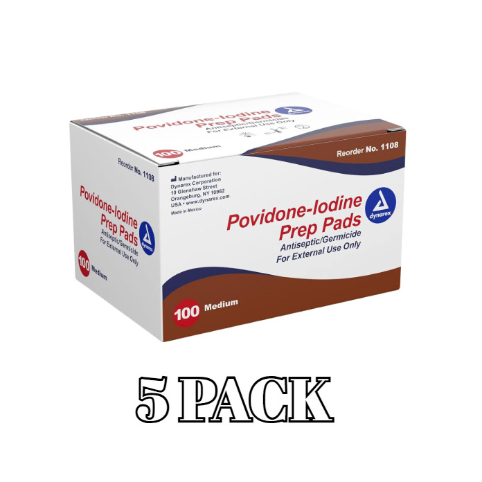 Dynarex Povidone-Iodine Prep Pads, Saturated Povidone  TOTAL 500CT  PACK OF 5