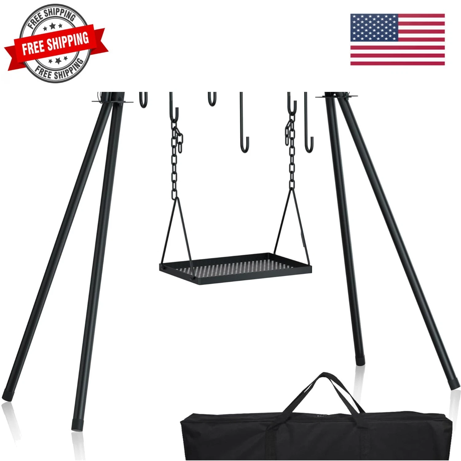 Grill Swing,Campfire Grill Cooking Stand w/8 Hooks & Storage Bag,Cast Iron BB...