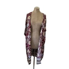 Boho Floral Kimono Cardigan Burgundy Open Front Lightweight Wrap One Size