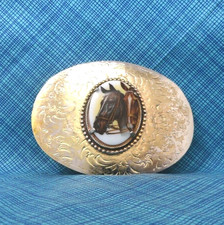 Western Horses Belt Buckle Art Mount Floral Scroll Vtg Monterrey Mexico .DBD435