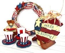 Vintage Patriotic Decor Bundle Uncle Sam Candles Flag Wreath Wood Sign Americana