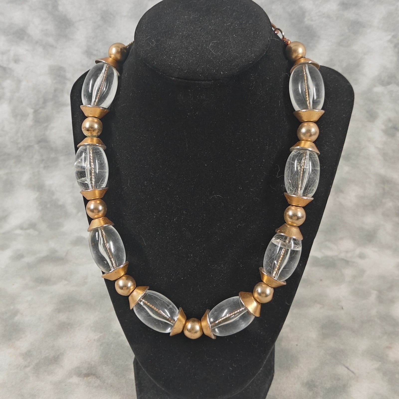 Vintage Gold Tone Clear Lucite Bead Statement Necklace 17-20in Adjustable