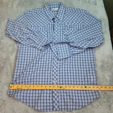 Wrangler Wrancher Western Shirt Mens L Plaid Pearl Snap Long Sleeve Blue White