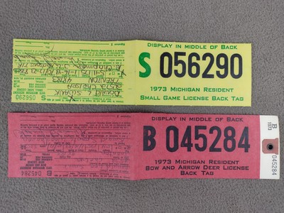 1973 Michigan Resident Bow and Arrow Deer Tag + Small Game Back Tags (2 Pieces)