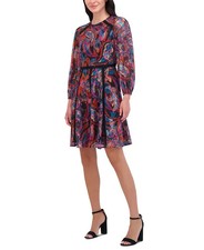 Vince Camuto Metallic Chiffon Fit & Flare Dress Women's 10 Red Multi Zip Closure