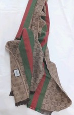 Gucci Scarf Unisex Wool And Silk Brown Green Red Stripe Made in Italy Authentic 