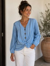 Harper Women's Blue Stripe Twist Front Lyocell Blouse V Neck Long Sleeve - M