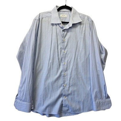 Eton Slim Fit Blue White Check Dress Shirt Mens 17.75 45 Cotton Button Down