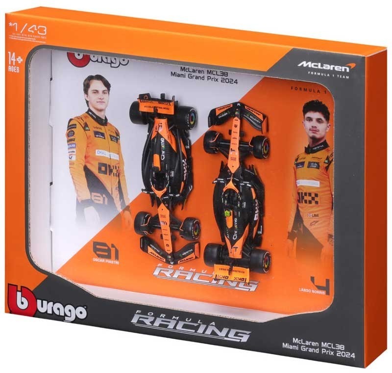 Burago 1/43 Scale 18-38109 McLaren F1 MCL38 Miami GP 2024 #4 #81 Norris Piastri