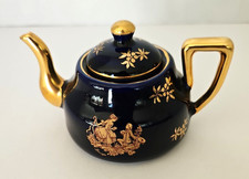 Vtg Limoges Castel France Mini Teapot Deep Cobalt Blue Glaze 22k Gold Accent 3"