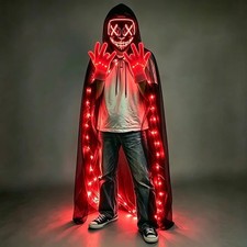 3pc Halloween Neon Purge Mask LED Cloak Cape Fiber Optic Glow Gloves Cosplay Set