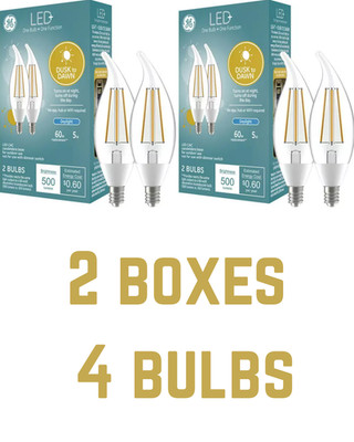 2 Boxes GE LED+ Light Bulbs, Daylight, Dusk-to-Dawn, Candelabra Base, 5-Watts