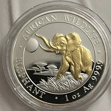 2016 Somalia Elephant African Wildlife 1 Oz Pure Silver Gold Gilded
