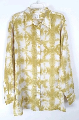 H&M Oversized 2X Tunic Button Down Shirt Gold Tie-Dye Long Sleeve Top Women's